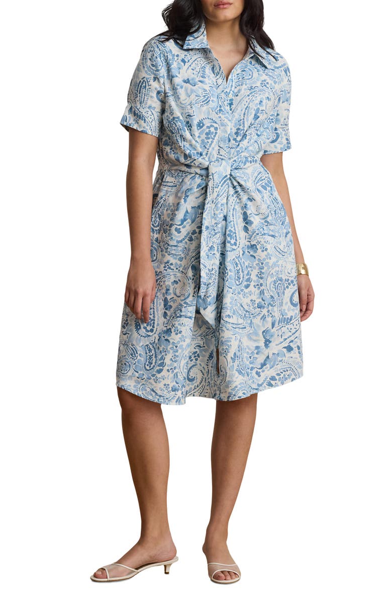 Lauren Ralph Lauren Paisley Print Linen Shirtdress, Main, color, White/ Blue
