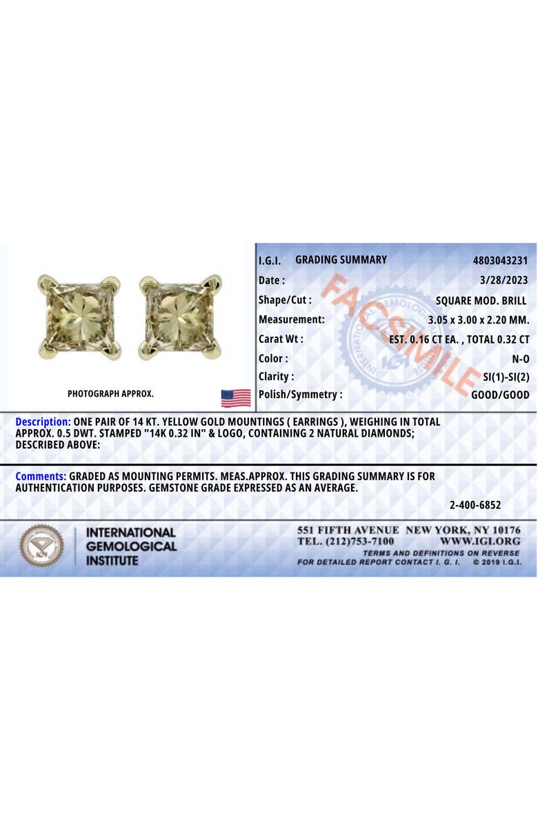 Haus of Brilliance IGI Certified 14k Yellow Gold 1/3 Ct Princess Solitaire Diamond Stud Earrings, Alternate, color, Yellow