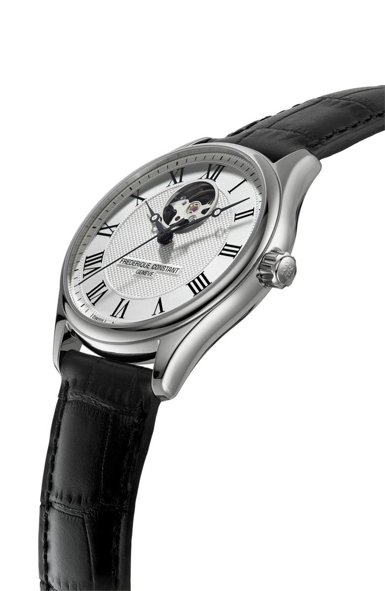 FREDERIQUE CONSTANT Classics Heartbeat Automatic Leather Strap Watch, 40mm, Alternate, color, Silver-Tone