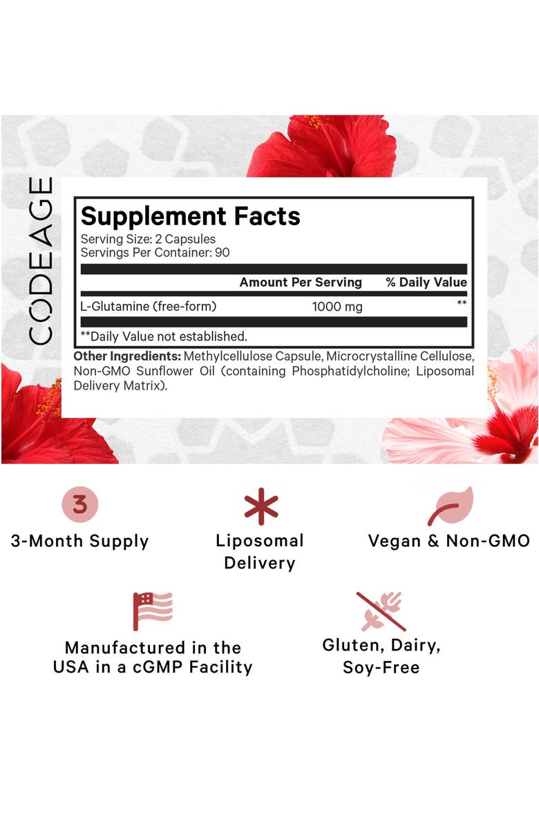 Codeage Liposomal L-Glutamine 1000mg Capsules Supplement, Alternate, color, White