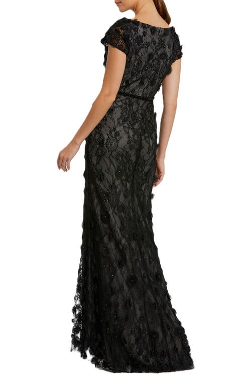 Mac Duggal Floral Applique Boat Neck Short Sleeve Gown In Black