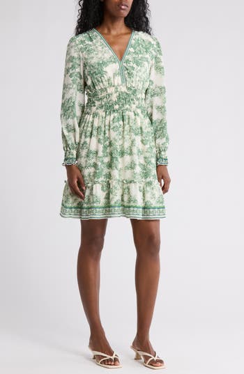MAX STUDIO MAX STUDIO LONG SLEEVE SMOCKED GEORGETTE MINIDRESS