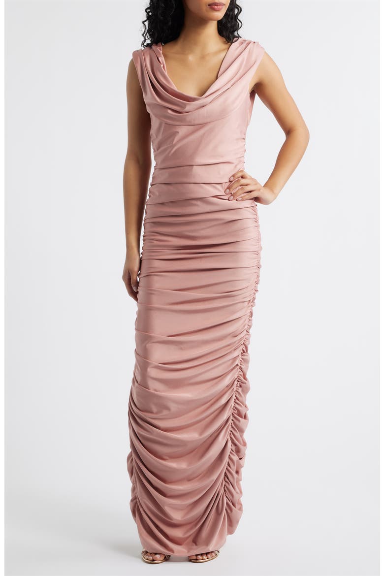 Evangeline Ruched Satin Gown, Main, color, DESERT ROSE