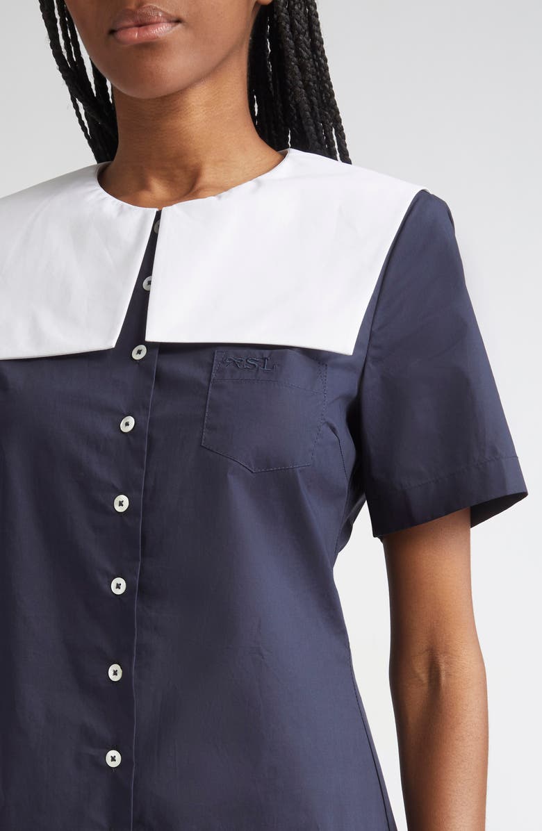 Sandy Liang Rila Cotton Poplin Shirtdress, Alternate, color, Navy