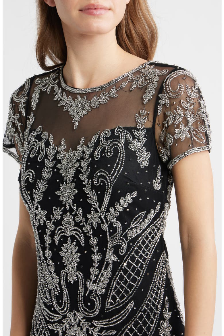 Beaded Mesh Gown, Alternate, color, BLACK/ SILVER