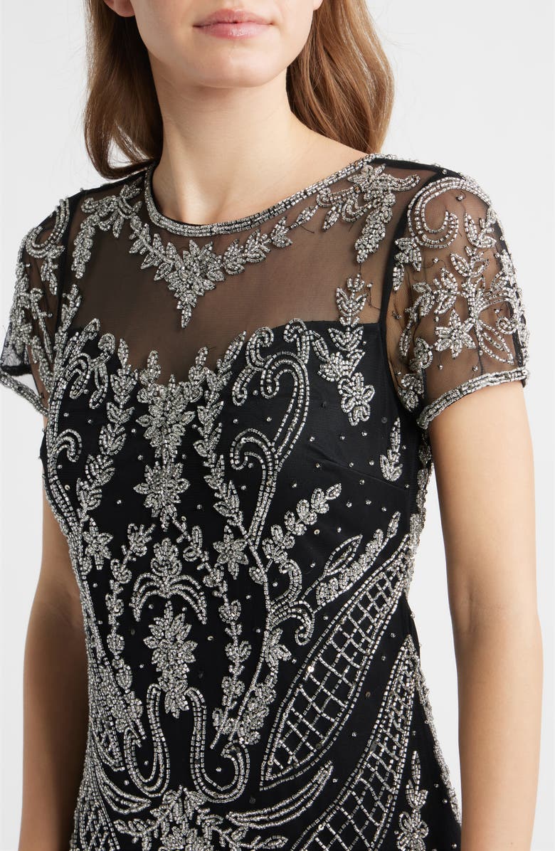 Pisarro Nights Beaded Mesh Gown, Alternate, color, Black/ Silver