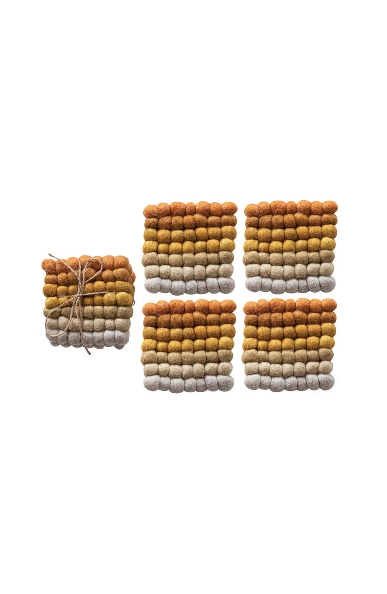 Storied Home Handmade Wool Felt Ball Coasters Set of 4, Main, color, Yellow