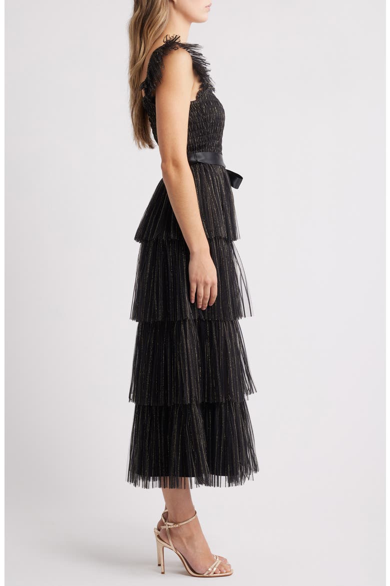 Pleated Tiered Metallic Dress, Alternate, color, BLACK GOLD