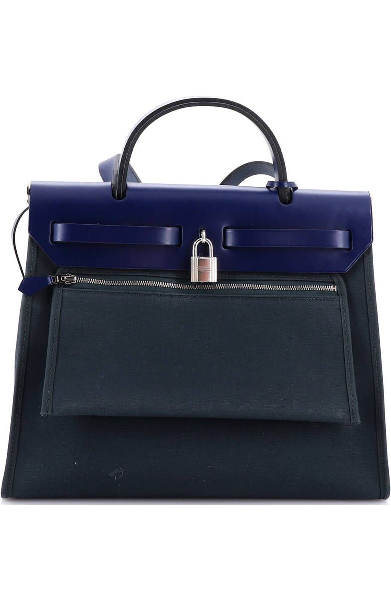 Pre-Owned Hermes Herbag Zip Leather and Toile 31, Alternate, color, Bleu Orage