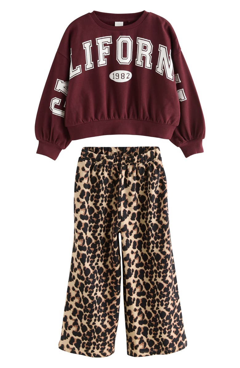 NEXT Kids' Varsity Graphic Sweatshirt & Leopard Print Pants Set, Main, color, Dark Red