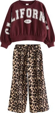 NEXT Kids' Varsity Graphic Sweatshirt & Leopard Print Pants Set