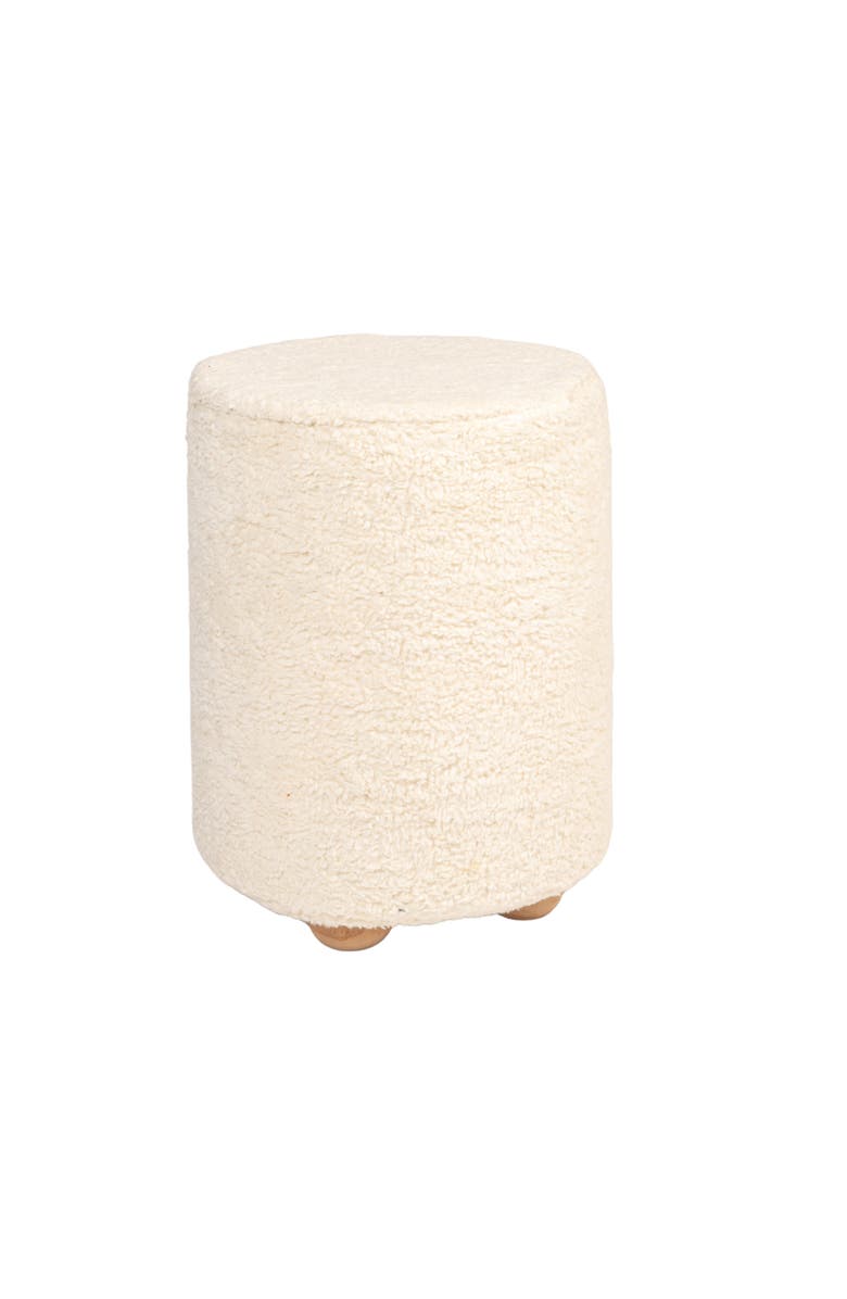 Storied Home Round  Upholstered Pouf with Pine Wood Feet, Cream and Natural, Main, color, Cream