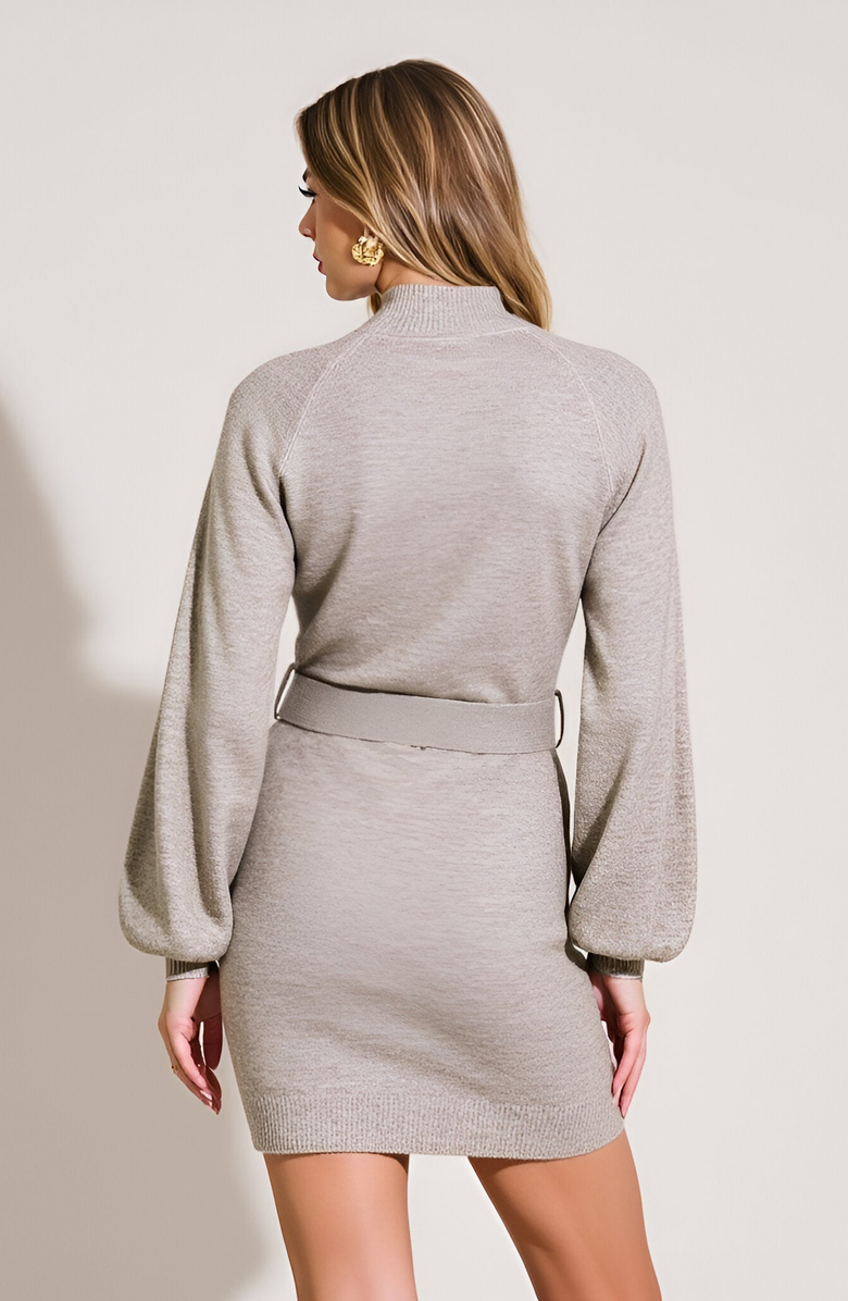 Modenaire Belted Mock Neck Balloon Sleeve Sweater Dress, Alternate, color, Beige