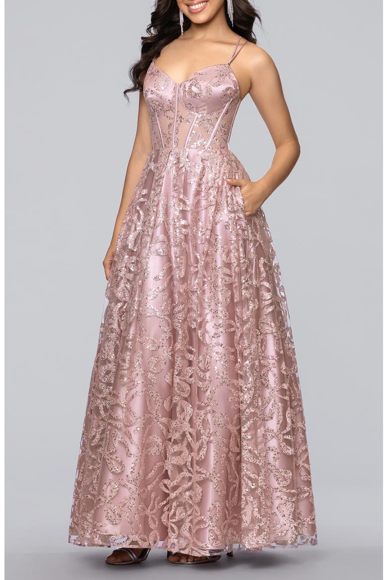 Strappy Illusion Bodice Ballgown, Alternate, color, ROSE