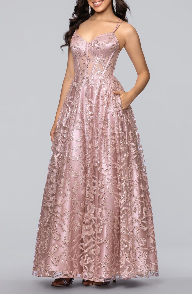 Blondie Nites Strappy Illusion Bodice Ballgown, Alternate, color, Rose