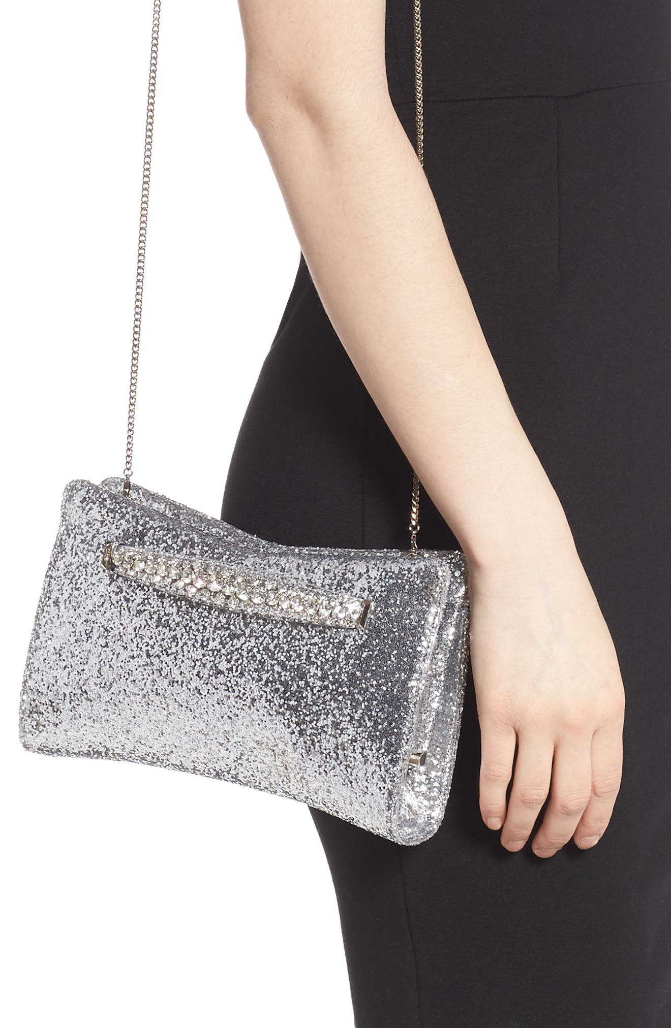 Jimmy Choo Galactica Glitter Clutch with Crystal Bracelet Handle, Alternate, color, 