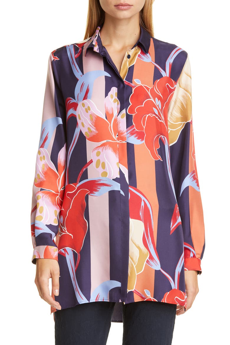 Large Lily Print Silk Tunic Shirt, Main, color, NAVY