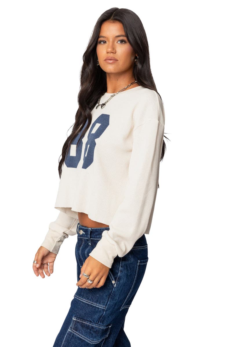 EDIKTED 88 Crop Long Sleeve Waffle Knit Top, Alternate, color, Cream