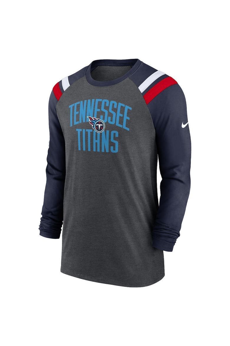 Men's Nike Heathered Charcoal/Navy Tennessee Titans Tri-Blend Raglan Athletic Long Sleeve Fashion T-Shirt, Alternate, color, Heather Charcoal