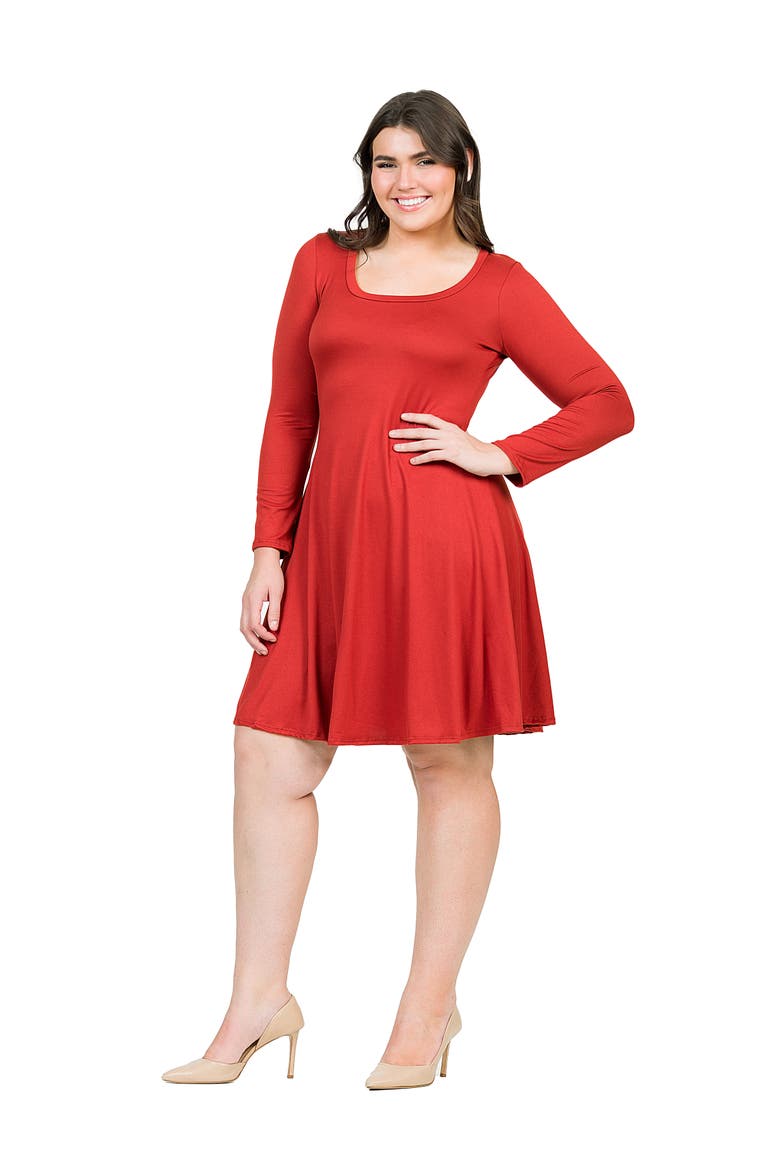 Plus Size Classic Long Sleeve  Flared Mini Dress, Alternate, color, Rust