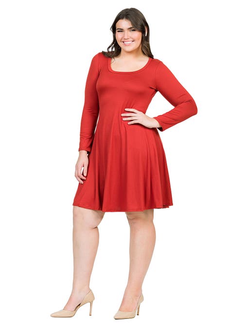 24seven Comfort Apparel Plus Size Classic Long Sleeve  Flared Mini Dress In Brown