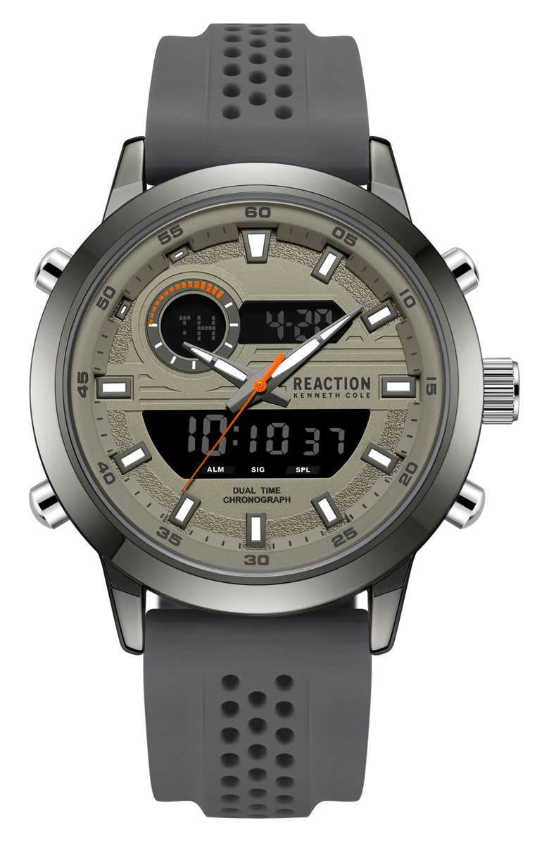 Kenneth Cole Reaction Silicone Strap Analog & Digital Chronograph Watch, 48mm, Main, color, 