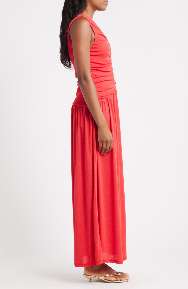 Topshop Ruched Drop Waist Maxi Dress, Alternate, color, Red