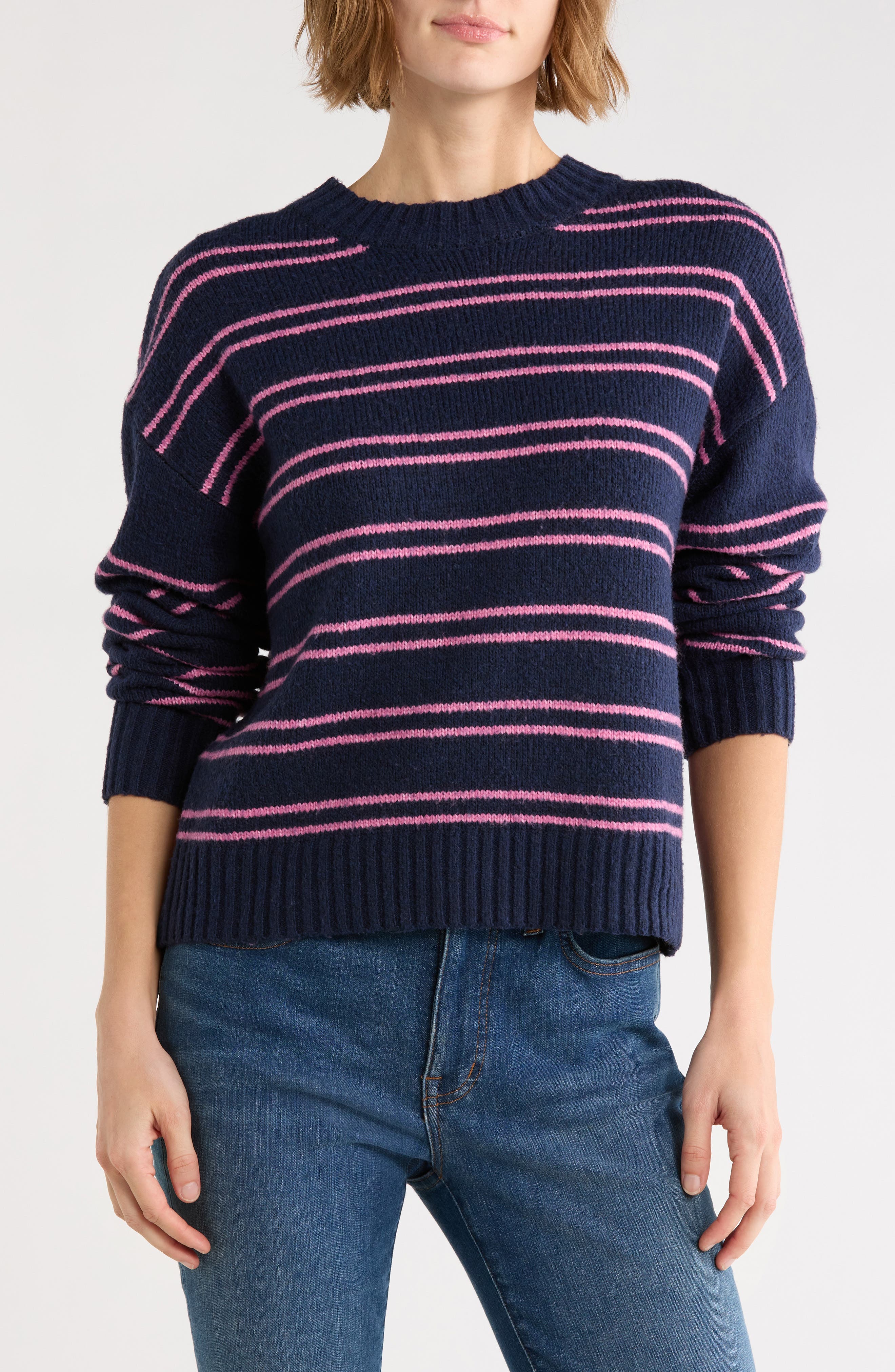 Vigoss Striped Lightweight Crewneck Sweater In Navy/ Pink