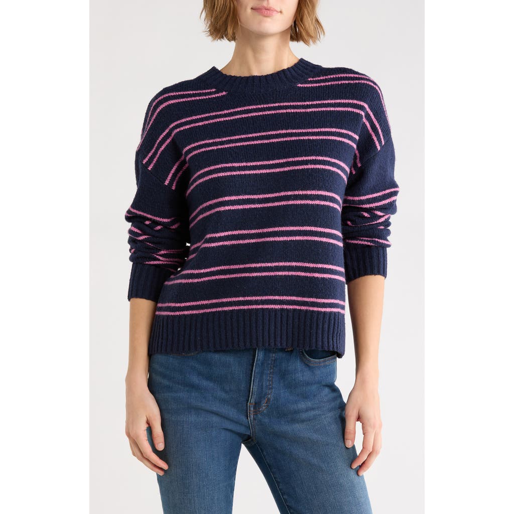 Vigoss Striped Lightweight Crewneck Sweater In Navy/ Pink