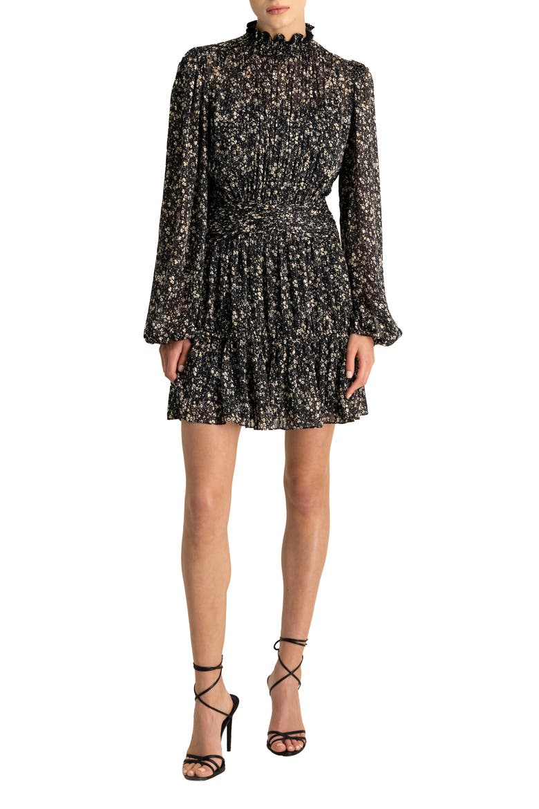 Floral Long Sleeve Minidress, Main, color, JET FIELD OF DITZIES