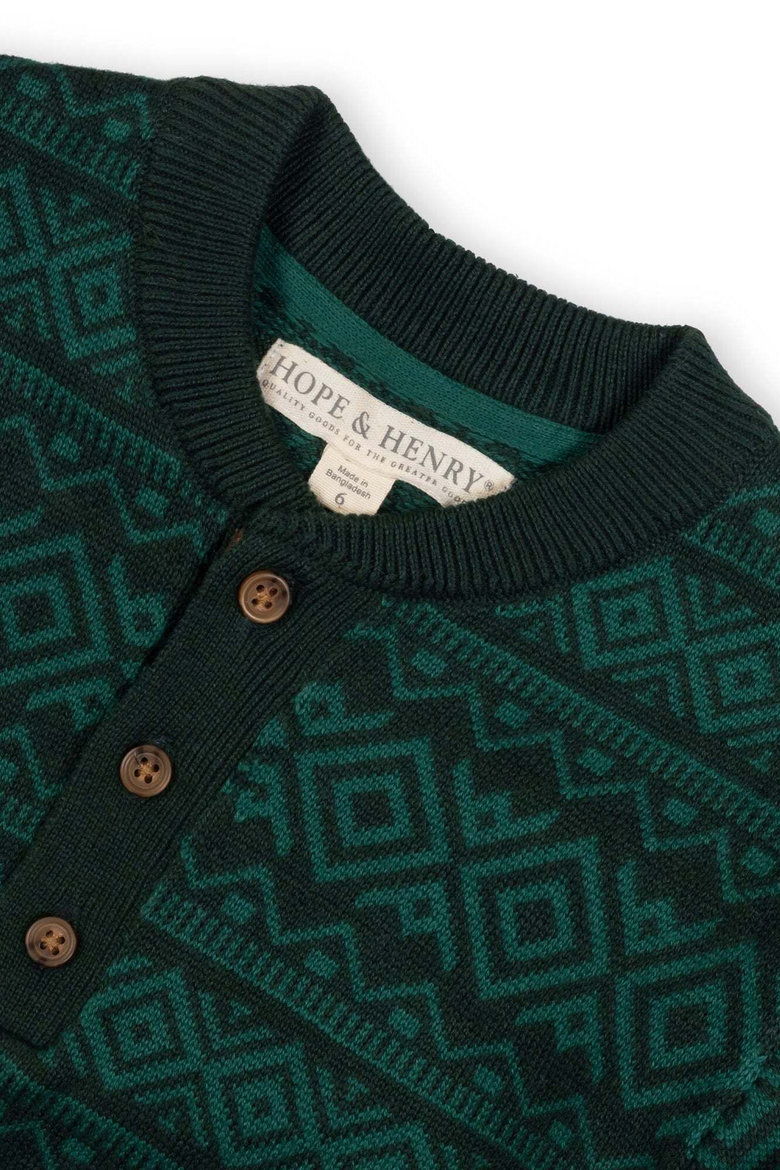 Kids' Organic Cotton Button Placket Elbow Patch Sweater, Alternate, color, Deep Green Fair Isle
