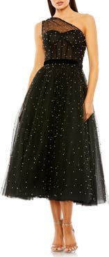 Mac Duggal Women's One Shoulder Pearl Beaded Midi Ballgown