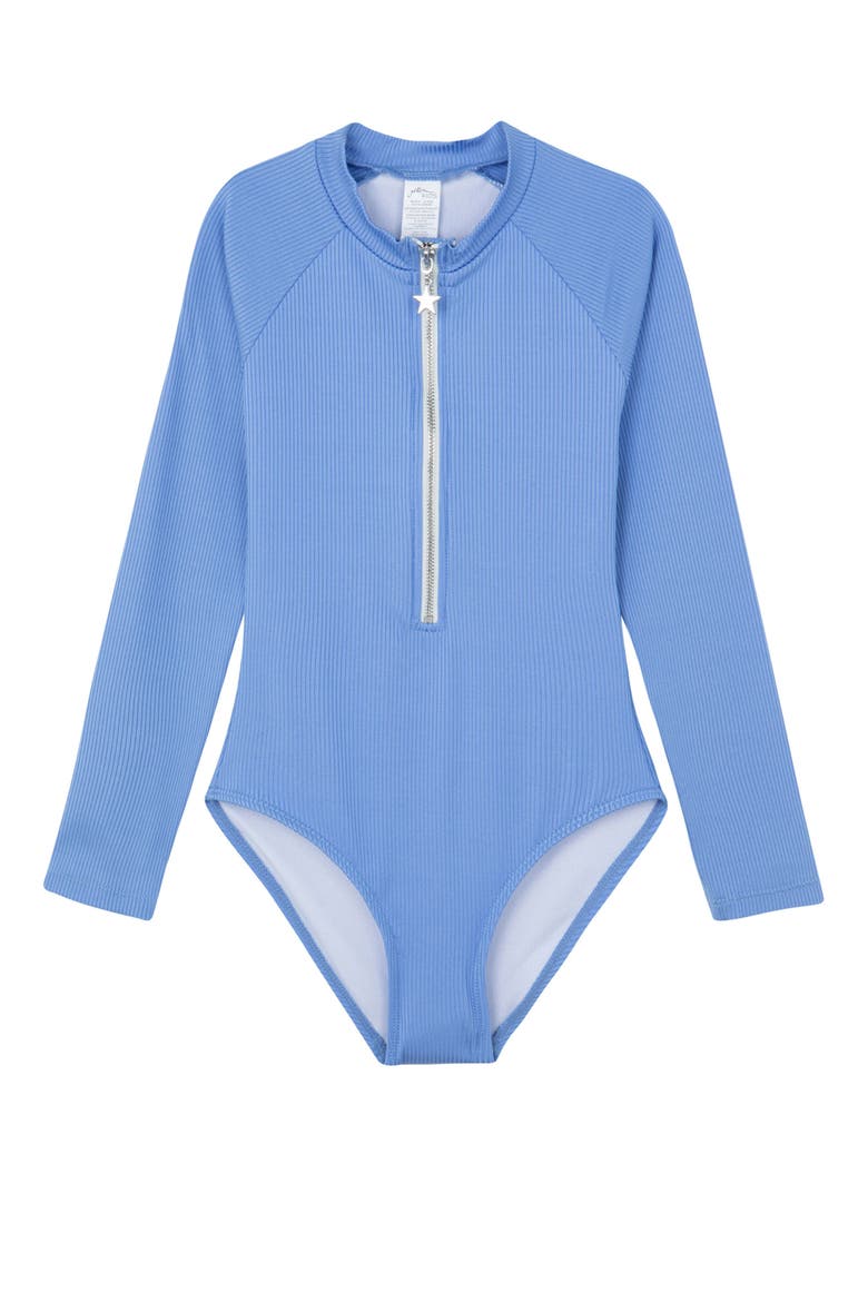 Summer Rib Textured Long Sleeve Zip Front One Piece, Main, color, Blue