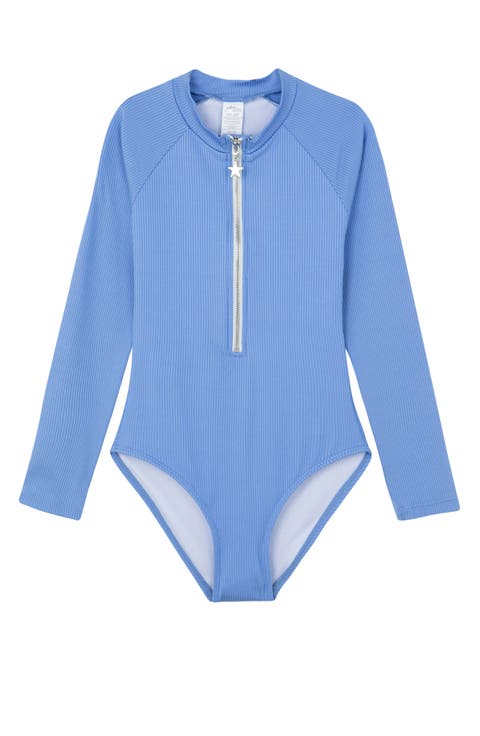 Summer Rib Textured Long Sleeve Zip Front One Piece