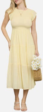 Blu Pepper Smocked Cap Sleeve Tiered Midi Dress