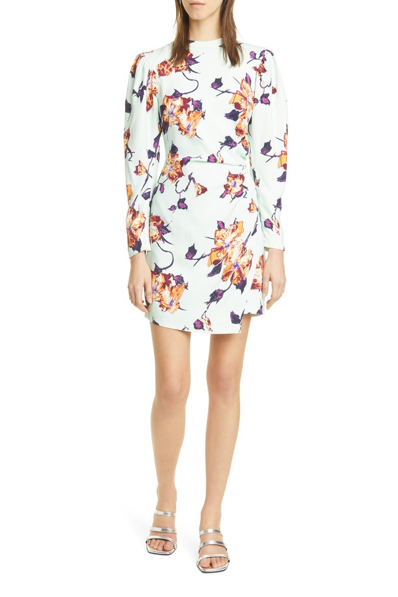 Jane Floral Leg of Mutton Long Sleeve Minidress, Main, color, MINT/ ORANGE