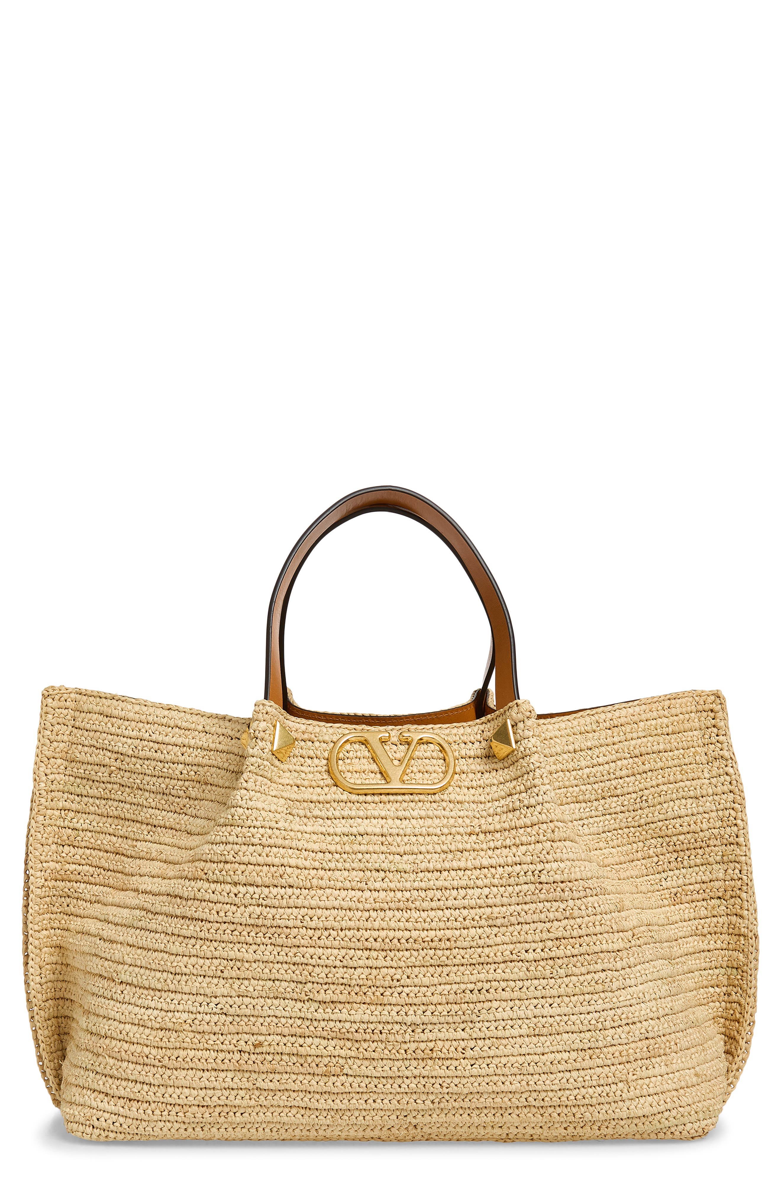 Valentino Garavani Medium VLOGO Signature Raffia Crochet Tote, Main, color, Natural