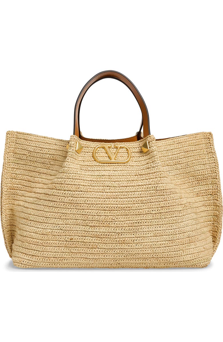 Valentino Garavani Medium VLOGO Signature Raffia Crochet Tote, Main, color, Natural