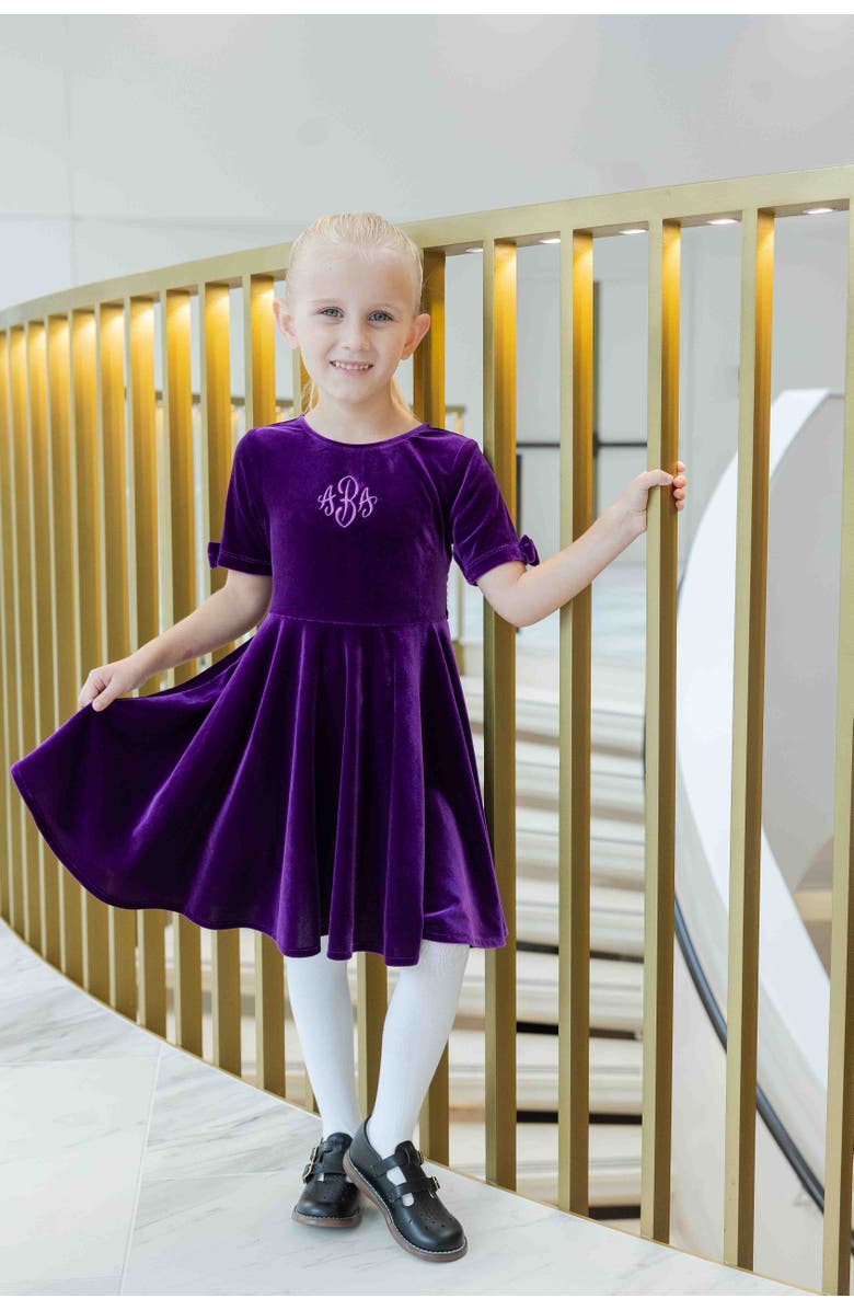 Florence Eiseman Stretch Velvet Dress With Sleeve Bows, Alternate, color, Purple