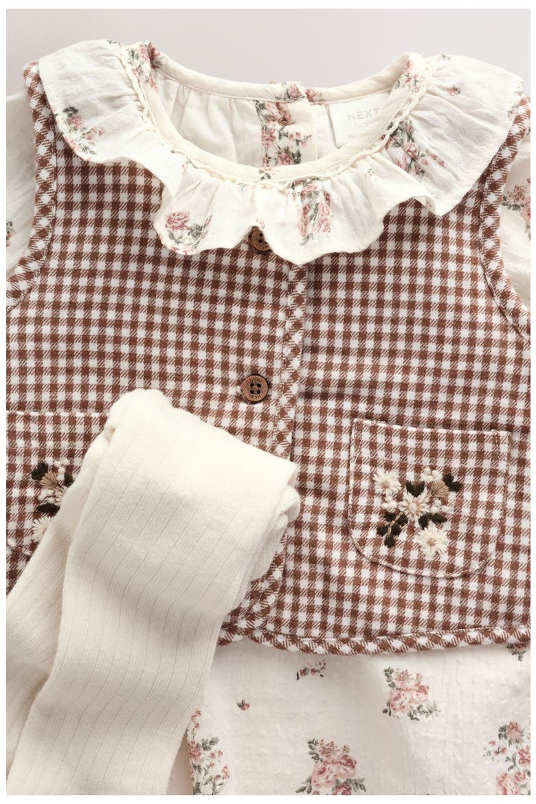 Kids' 3-Piece Floral Dress, Gingham Gilet & Tights Set, Alternate, color, NEUTRAL