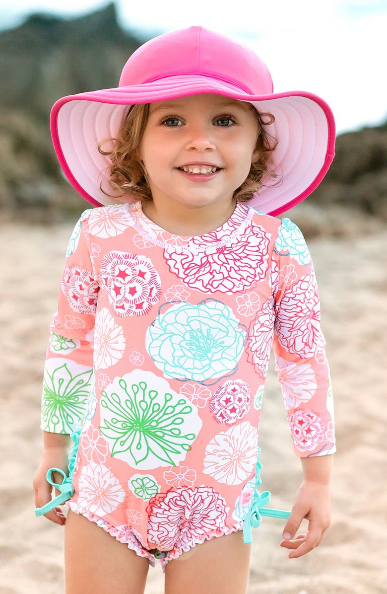 RuffleButts Tropical Garden One-Piece Rashguard Swimsuit & Reversible Sun Hat Set, Alternate, color, 