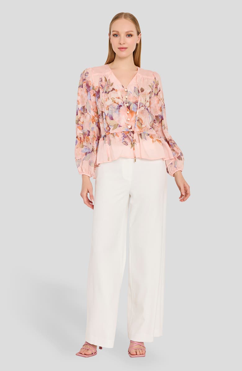 Tahari ASL Floral Print Peplum Chiffon Top, Alternate, color, Tea Rose Multi