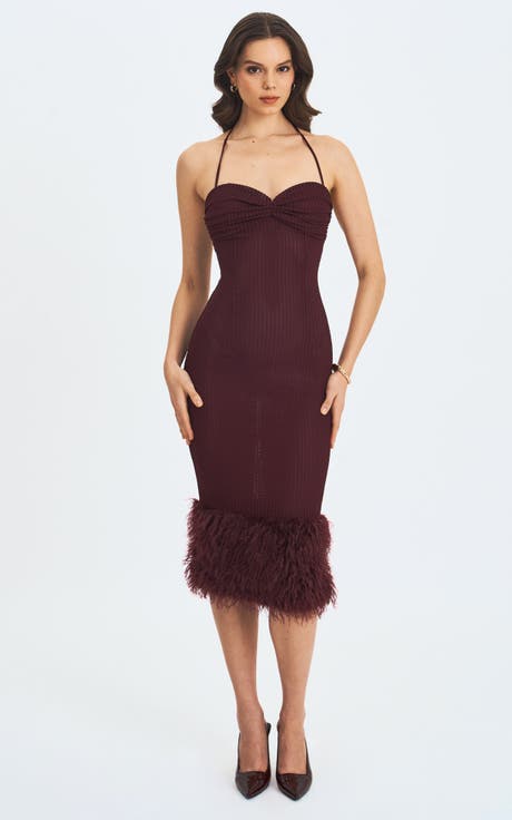 Pluma Halter Faux-Fur Trimmed Midi Dress