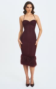 Miss Circle Pluma Halter Faux-Fur Trimmed Midi Dress