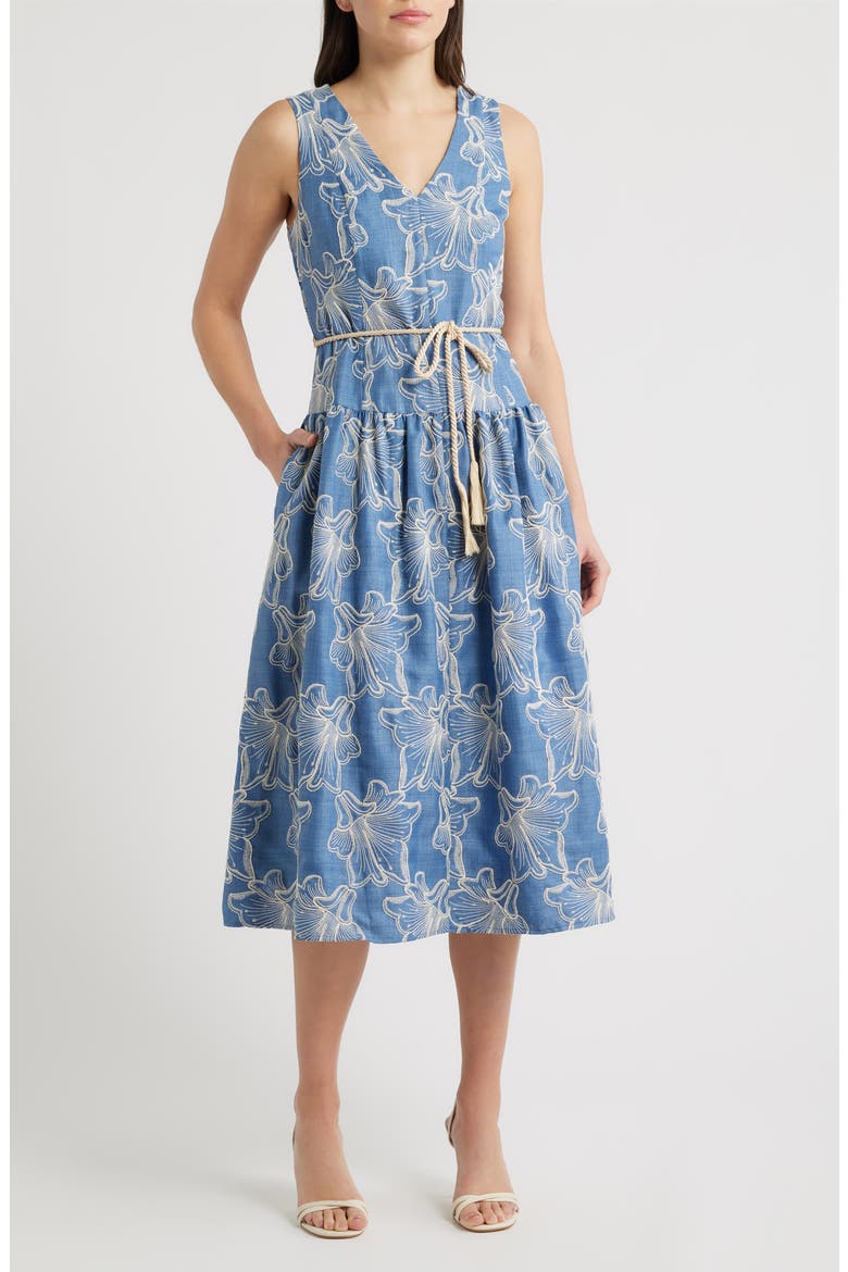 Floral Embroidery Sleeveless Midi Dress, Main, color, BLUE MULTI