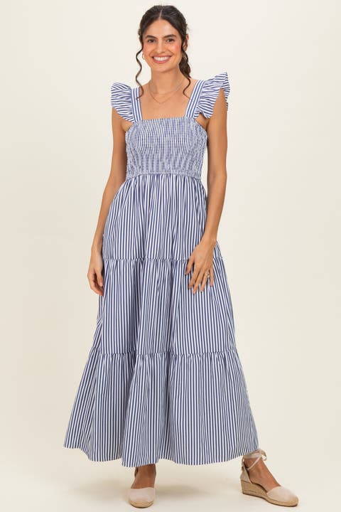 Striped Ruffle Strap Smocked Maxi Dress