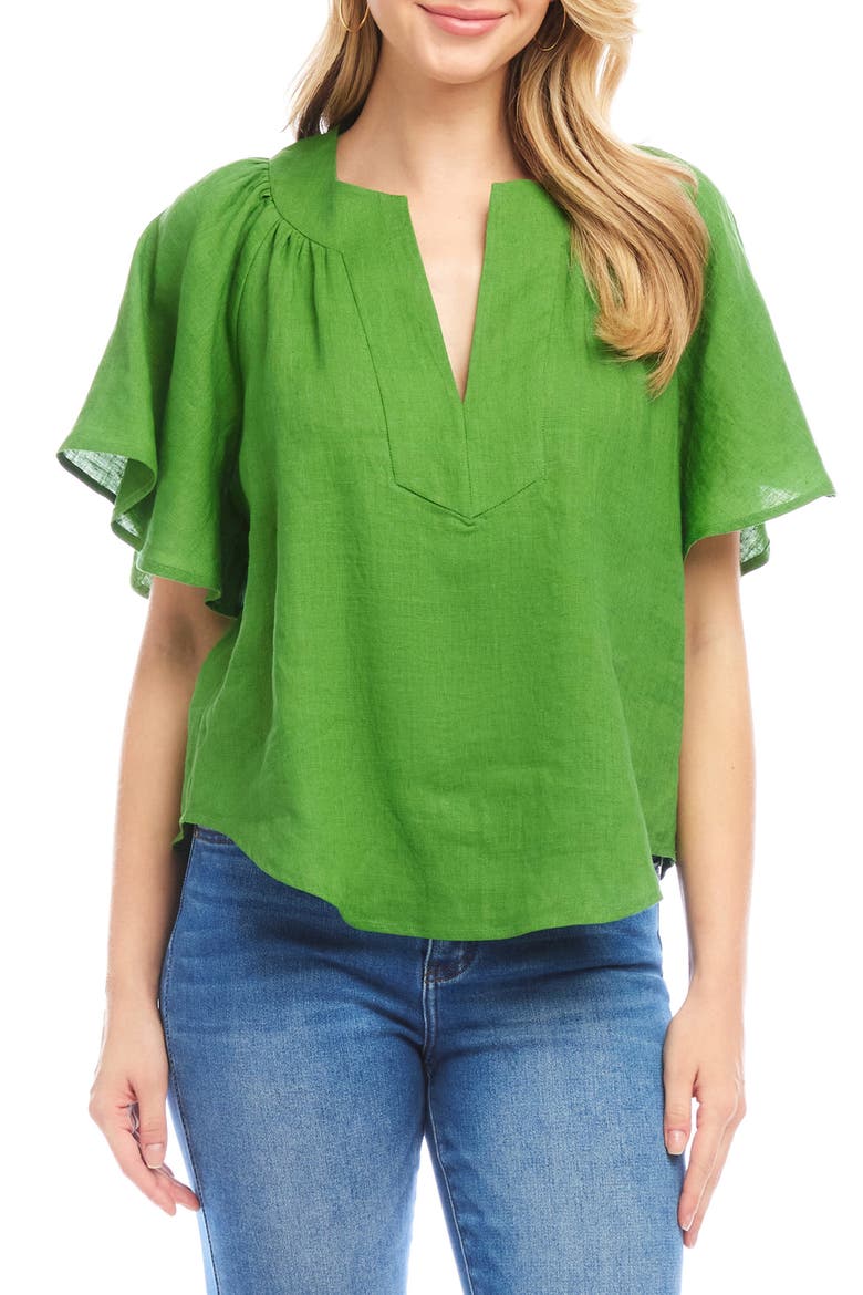 Flutter Sleeve Linen Top, Main, color, GREEN