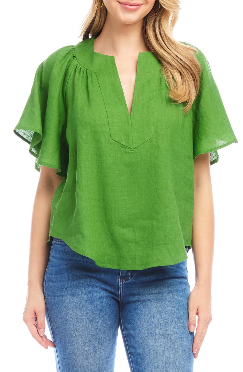 Karen Kane Flutter Sleeve Linen Top, Main, color, Green