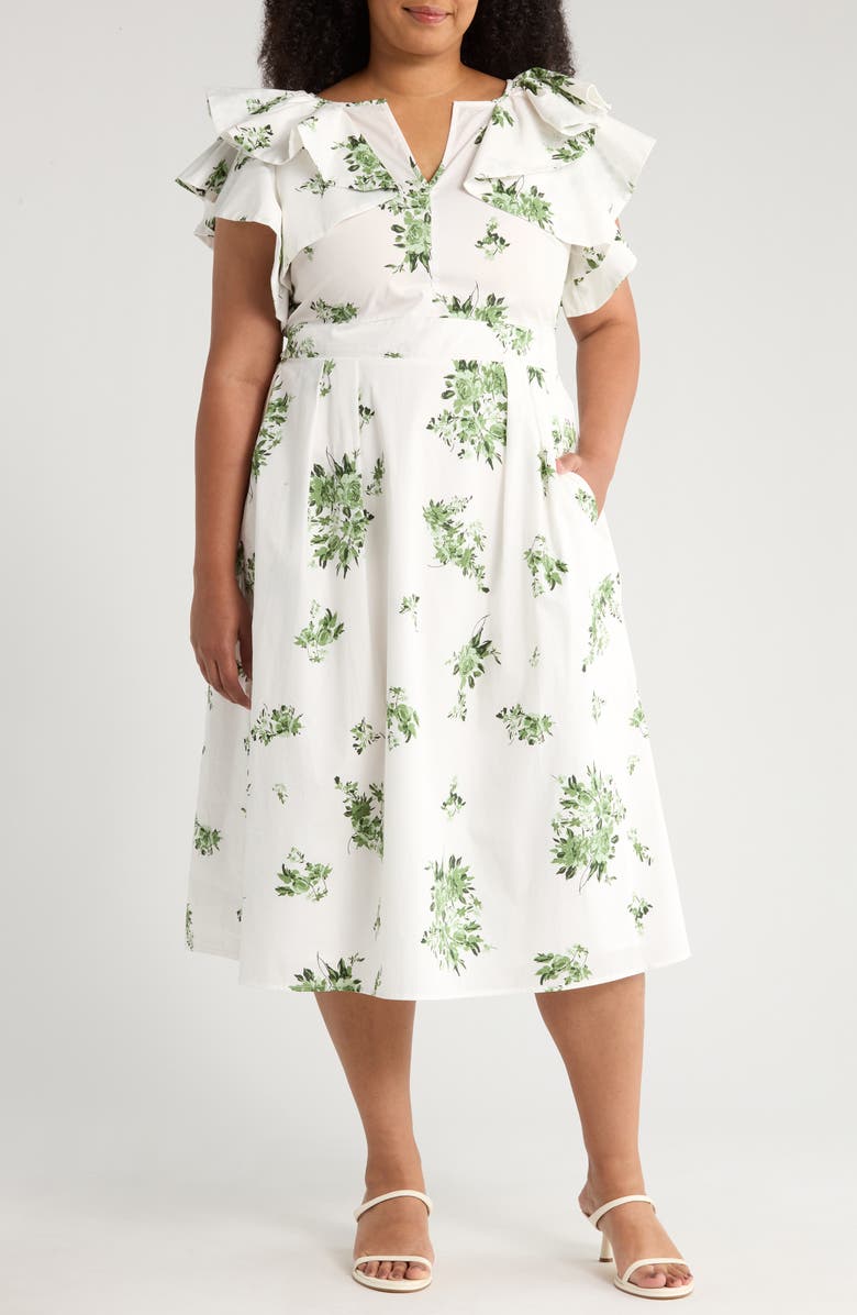 SUGARLIPS Ria Floral Santana Tie Back Cotton Midi Dress, Main, color, White/ Sage/ Emerald