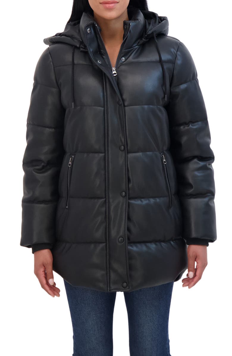 Sebby Faux Leather Hooded Puffer Jacket, Main, color, 